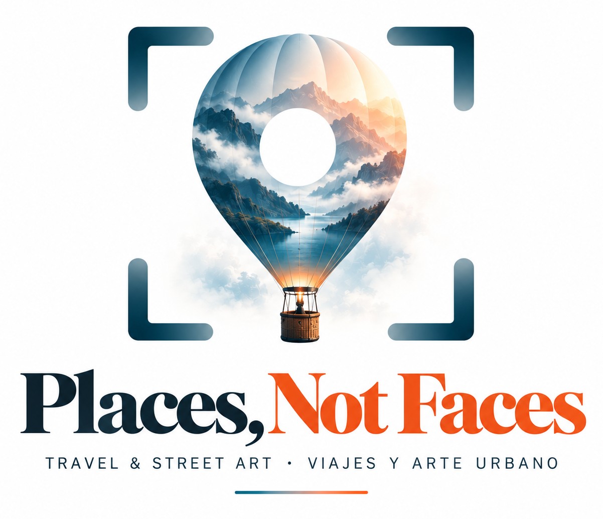 Places, Not Faces logo: a hot-air balloon inside a camera viewfinder